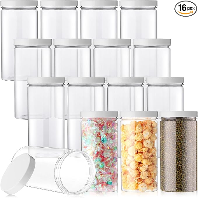 Dandat 16 Pack 30 oz Plastic Jars with Lids Plastic Mason Bottles Container Canister Wide Mouth Cylinders Kitchen Home Organize Storage for Dry Good, Spice, Honey, Candy, Peanut Butter(White)