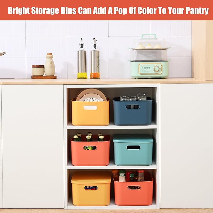 Plastic Storage Bins with Lid, Stackable Storage Containers for Organizing, Decorative Storage Baskets for Shelves Living Room Playroom Classroom Office (Medium 2PCS (Yellow+Orange))