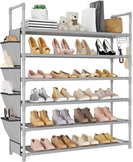 6 Tier Shoe Rack Storage for 24-30 Pairs Shoe and Boot, Shoe Organizer with Hook and Side Pocket Free Standing Long Shoe Shelf Tall Shoe Rack Organizer for Closet, Entryway, Dorm, Grey