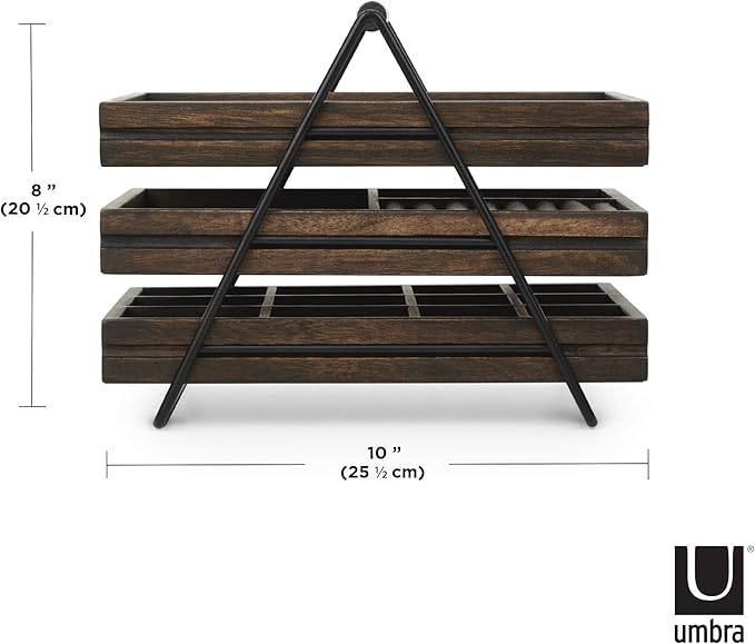 Umbra 1004037-048 Terrace Jewelry Tray â Three-Tier Jewelry Tray With Three Sliding Linen Lined Wood Trays With Metal Frame and Handle, Easy Storage and Access, Black/Walnut Finish