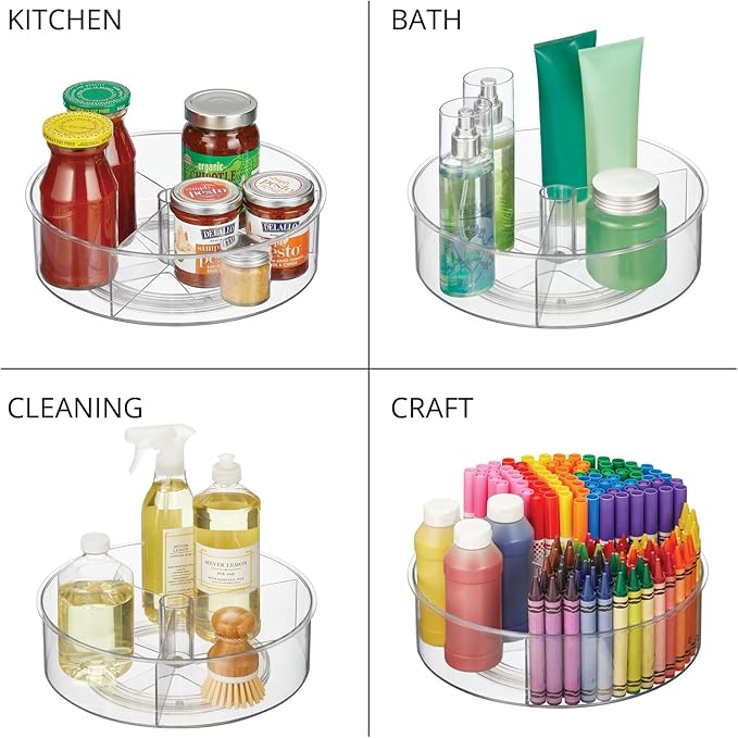 mDesign Lazy Susan Turntable Divided Plastic Spinner - Kitchen/Bathroom, Pantry, Fridge, Cupboard or Counter Organizing, Fully Rotating Food Organizer - 11.5" Round, Lumiere Collection - Clear