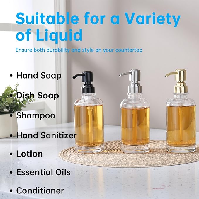 Soap Dispenser Oil Rubbed Bronze Bathroom Kitchen, 11 oz Glass Cylindrical Bottles with Stainless Steel Pump Liquid Hand Soap Dispenser Kitchen