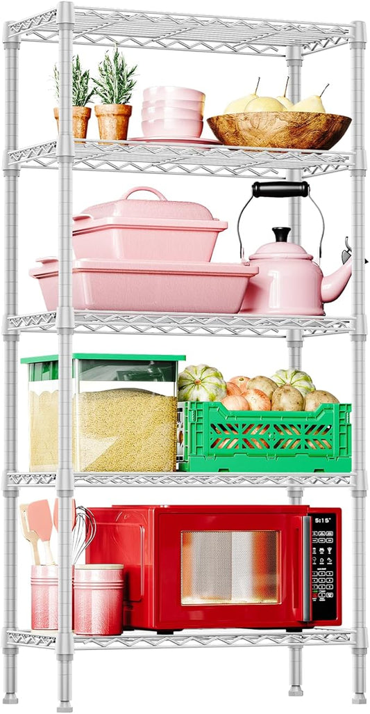 IZEUK 5 Tier White Metal Storage Shelves, Heavy Duty Wire Shelving Rack for Garage, Kitchen, Bathroom, Laundry, or Closet Organization, 1250 lbs Capacity, 11.8" D x 29.5" W x 59.5" H