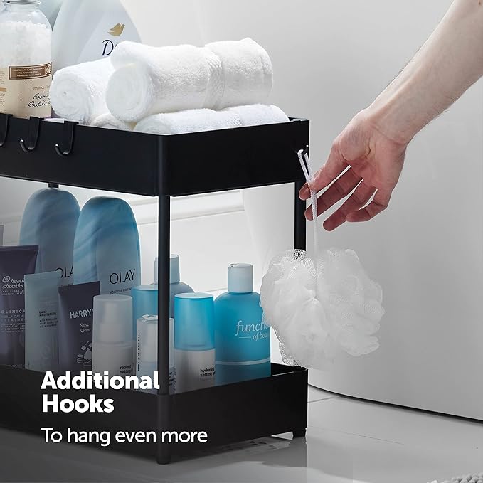 Space-Saving 2-Tier Under Sink Organizer and Storage with 6 Strong Hooks, Easy-Assemble, Under Cabinet Organizer, Durable, Big Capacity, Modern Storage Baskets for Bathroom, Kitchen, Etc. (Black)