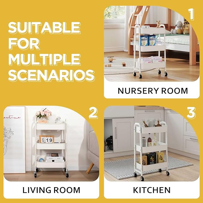 AGTEK 3 Tier Utility Rolling Cart with Lockable Wheels, Metal Multifunctional Storage, Organizer Cart for Kitchen, Office, Living Room, Makeup, Craft, Art Studio, White