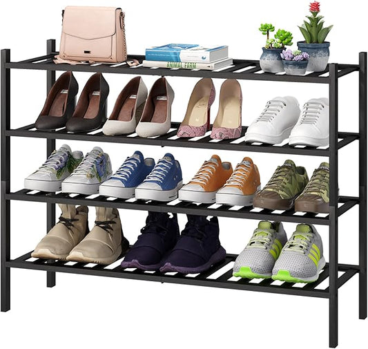Black 4-Tier Long Shoe Rack, Bamboo Wood, 33-Inch