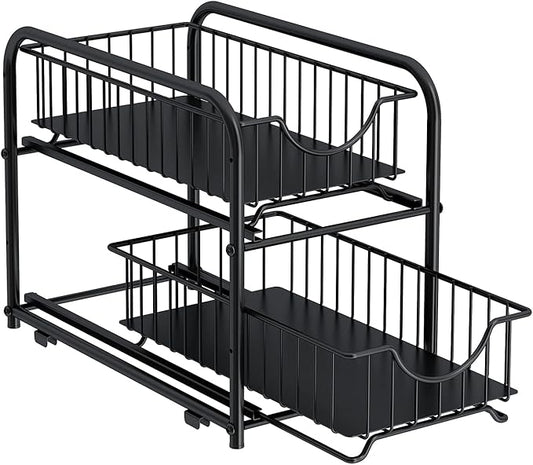 AIYAKA Pull-out Cabinet Organizer, Stackable 2-tier Under Sink Rack, with Sliding Storage Drawer for Pantry, and Desktop, for Bathroom, Kitchen, Office, Black