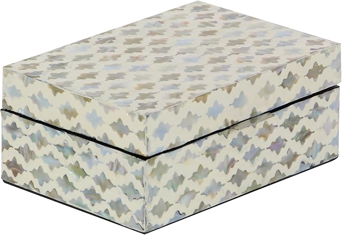 Deco 79 Mother of Pearl Shell Geometric Handmade Decorative Box Storage Decorative Keepsake Boxes with Hinged Lid, Set of 2 Storage Boxes 12", 8"W, Cream