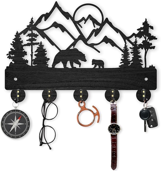 MAYJOYDIY Mountain Forest Key Holder for Wall 11.8×8inch Tree Bear Family Key Organizer Wood Wall Coat Hanger Hooks 5 Alloy Hooks Animal Theme Hooks for Gift Entrance Living Room Office Home Art Decor