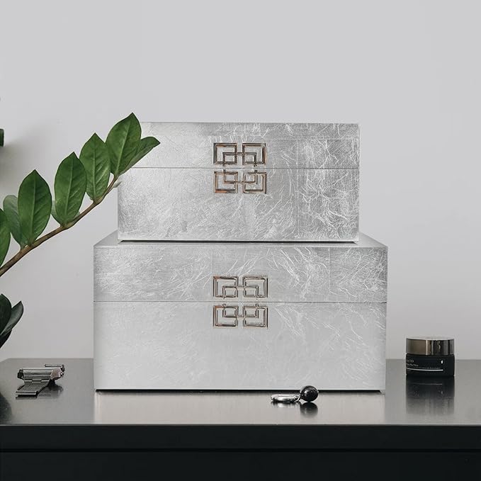 Elegant Decorative Storage Boxes with Hinged Lid - Classic Wooden Organizers with Geometric Clasp - Set of 2 for Home & Office (Foil Silver)