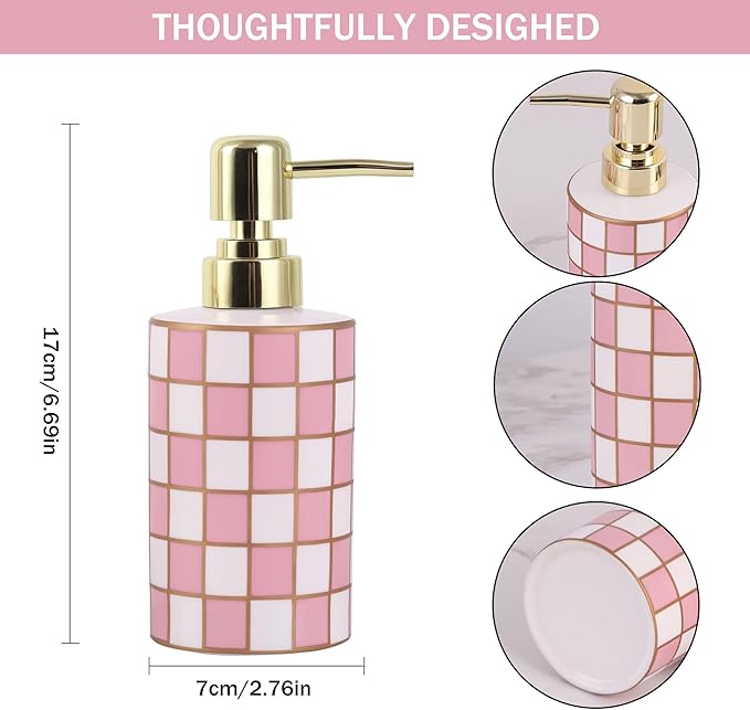 Checkered Bathroom Soap Dispenser,Gold Pump Ceramic Soap Dispenser,Kitchen Checkerboard Empty Pump Bottle,Bath Countertop Storage Organizer,Checkered Bathroom Decor (Pink)