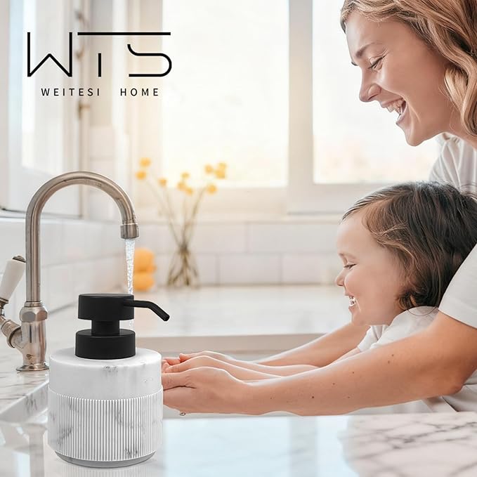 12.5oz Resin Soap Dispenser for Bathroom Countertop, Refillable Hand Soap Lotion Dispenser with Rust Proof Pump for Kitchen Countertop, Easy-to-Press, Marble White