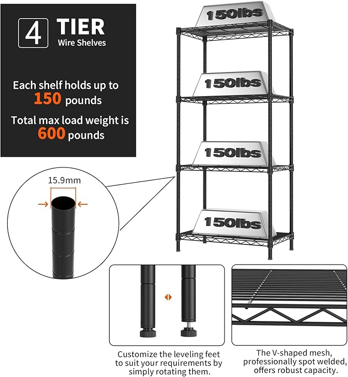 4 Tier Adjustable Storage Shelves,Heavy Duty Metal Utility Shelf 600LBS Capacity,Wire Shelving Unit Organizer Rack for Home Kitchen Office BathroomM Pantry Room 12" D x 22" W x 44" H Black