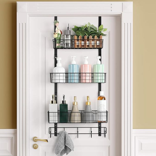 Over the Door Pantry Organizer 3 Tier Hanging Basket Back Door Storage Rack Shelf Metal Over the Door Shelves with 3 Baskets and 5 Hooks for Bathroom Kitchen Pantry Bedroom, Black