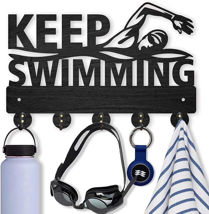 MAYJOYDIY Swimming Wall Mount Coat Rack Key Holder 11.8×8inch Wood Wall Coat Rack Hooks Coat Hooks 5 Alloy Hooks Keep Swimming Wall Hooks for Hanging Swimming Caps Goggles Home Decor Gift