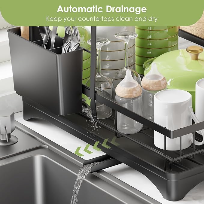 Dish Drying Rack, Dish Racks for Kitchen, 1 Tier or 2 Tiers Large Dish Drainer Organizer with Utensil Holder, Kitchen Counter Organizers and Storage Rack with Drainboard, Screw-Free Mounting (Black)