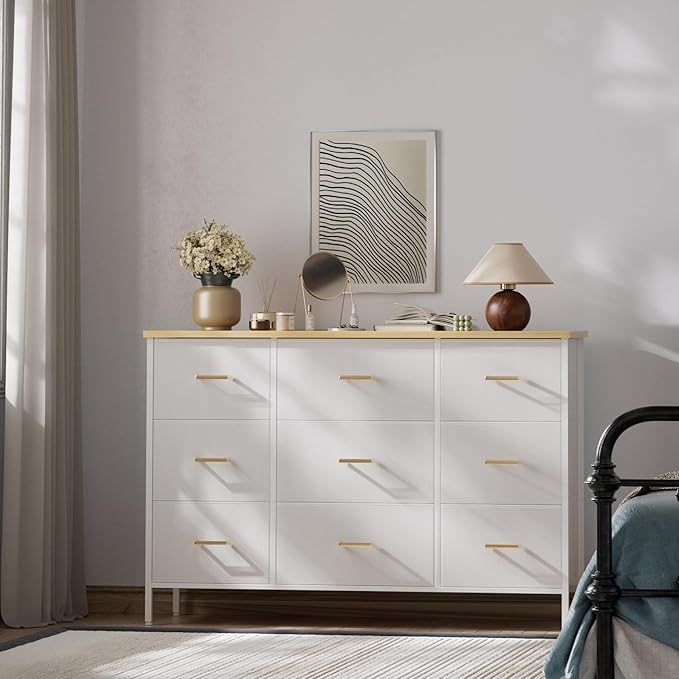 Wide TV Stand Modern TV Console, 9 Drawers Dresser for Bedroom, Fabric Storage Cabinet, Chest of Drawers for Closet, Nursery, Living Room（Classic White）