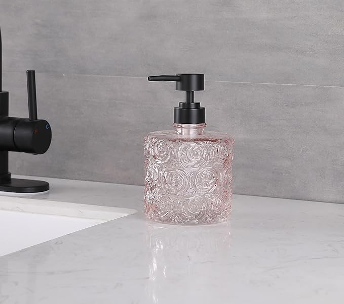 Marcella Glass Soap Dispenser with Soap Pump, Refillable 14 Ounce Capacity, Floral Design Rose Patterns, Heavy Weight Thick Glass for Bathroom, Premium Kitchen Soap Dispenser Peach Blush