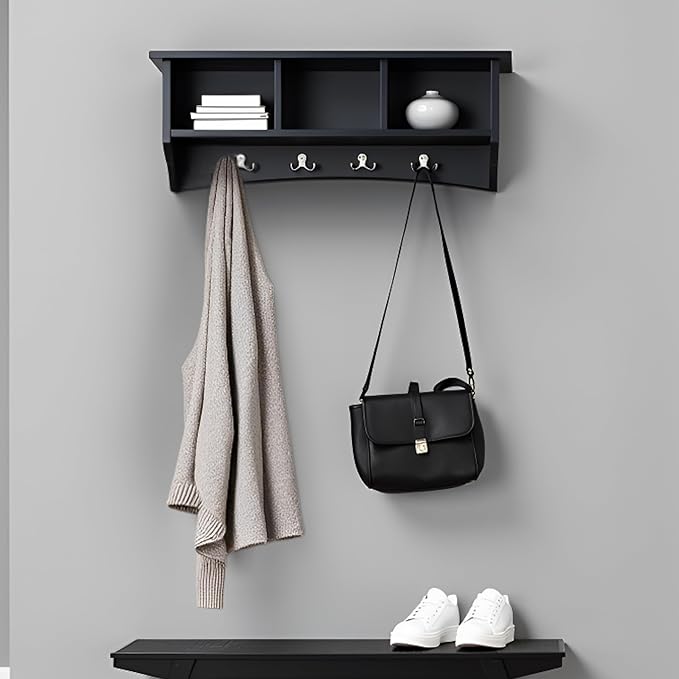 Shaker Cottage Wall-Mounted Coat Rack with 3 Storage Cubbies and 4 Coat Hooks – 36" W x 9" D x 14" H Space-Saving Entryway Organizer or Mudroom Wall Shelf by Alaterre Furniture (Charcoal Gray)