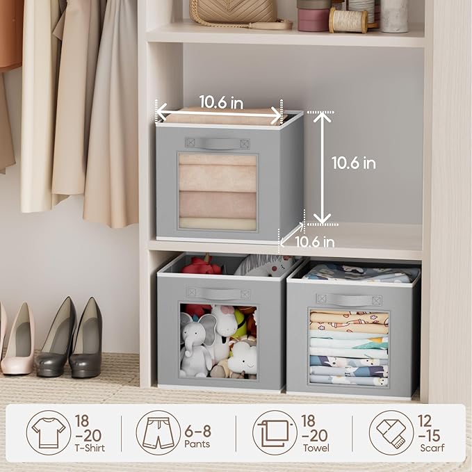 Bins for Closet Organization - Cubby Storage Organizer with Window, Closet Baskets for Shelves, Folding Cubes for Storage, Storage Bins for Home, 11inch, Set of 8, Grey