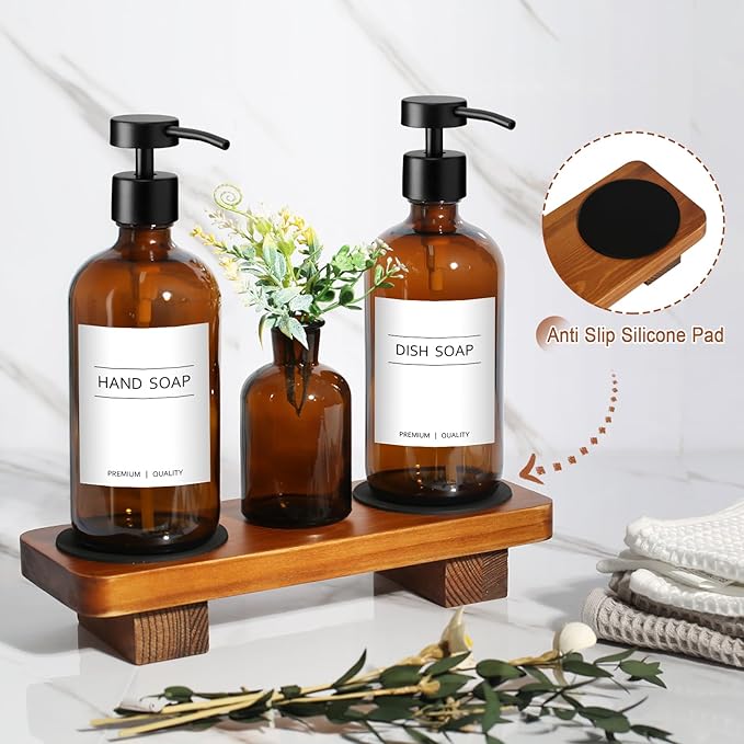 Amber Glass Soap Dispenser with Upgraded Flat Pump, Dish Soap Dispenser for Kitchen, Hand Soap Dispenser for Bathroom, Decorative Vase & Wood Riser Bathroom Decor(Amber02)