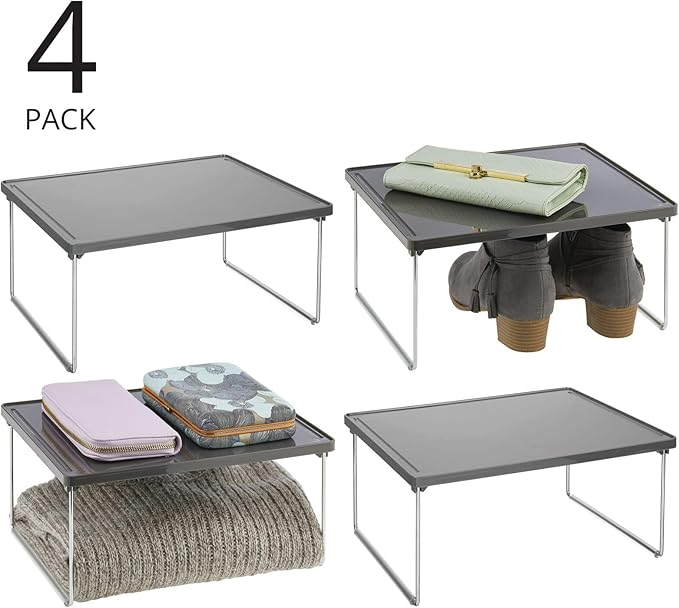mDesign Metal Stacking Storage Organization for Shelves Inside Closet in Bedroom, Bathroom, Hall, Entryway - Organizer Stand for Clothing, Linen, Household Items, Ligne Collection, 4 Pack, Dark Gray