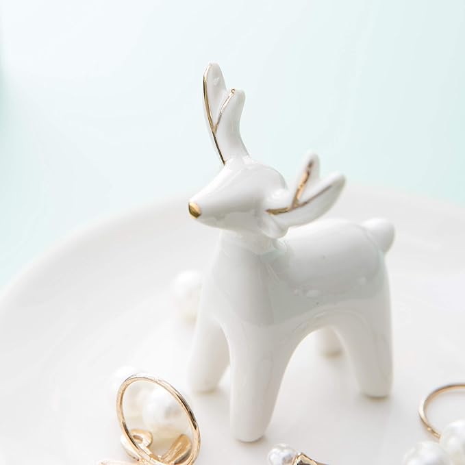 Kimdio Ring Holder Ceramic Christmas Deer Jewelry Tray Jewelry Dish Necklace and Earring Holder for Women Home Decor Gift for Christmas Birthday Wedding etc.