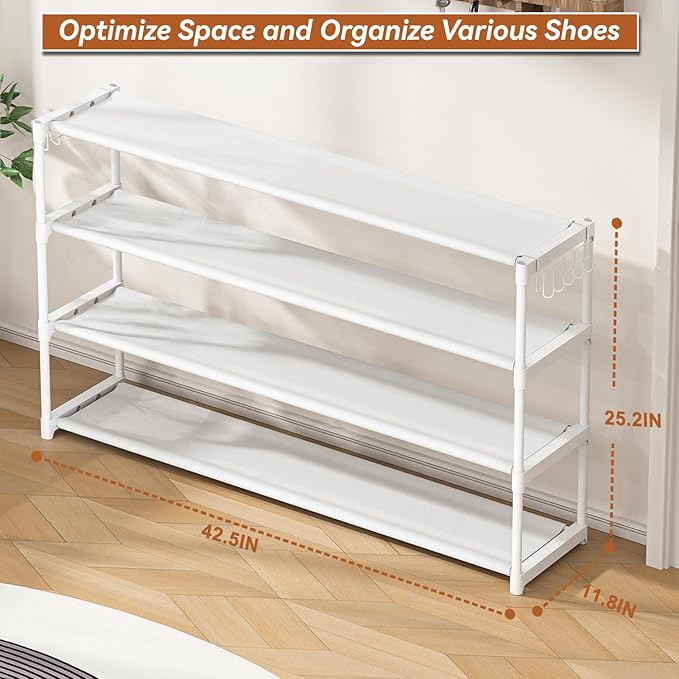 Extra Long Shoe Rack 4 Tier Shoe Storage Organizer with 2 Hooks, Wide Stackable Shoe Organizer Racks for Closet Entryway,Shoe Shelf Stand Sturdy Durable Shoes Holder Up to 26Pairs, White