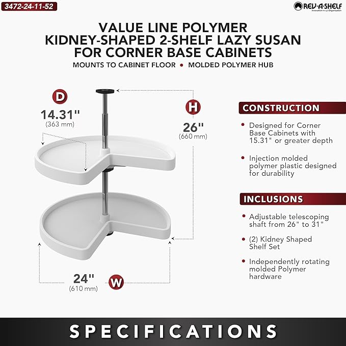 Rev-A-Shelf 2 Tier Kidney Cut Lazy Susan for Corner Base Cabinets, Plastic, 24" Double Shelf Swivel Kitchen Spice/Can Organizer, White, 3472-24-11-52