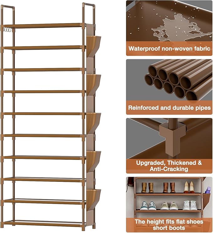 Tall Shoe Rack - 10 Tier Organizer for Closet, 30-35 Pairs, Large Capacity with 5 Hooks and Side Pocket, Sturdy Metal Shoe Shelf, Vertical Shoe Stand Tower