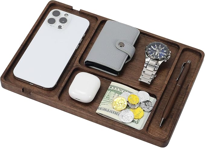 Multibey Walnut Wood Valet Tray - Wooden Nightstand Organizer for Men Women, 4 Slot Desk Drawer Organizer Tray, EDC Catch All Tray with Cable Slot for Phone Watch Wallet Key Jewelry