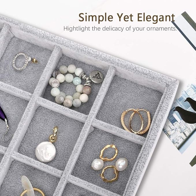 Emibele Jewelry Organizer, 24 Grids Necklace Pendant Organizer Watch Storage Rings Earrings Bracelet Organizer Tray Showcase Display Velvet Stackable Jewelry Storage - Grey