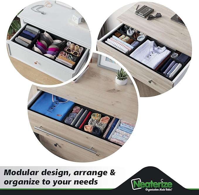 NEATERIZE Drawer Organizer Clothes Set of 12 Black - Dresser Organizer For Nursery, Bedroom, Closet