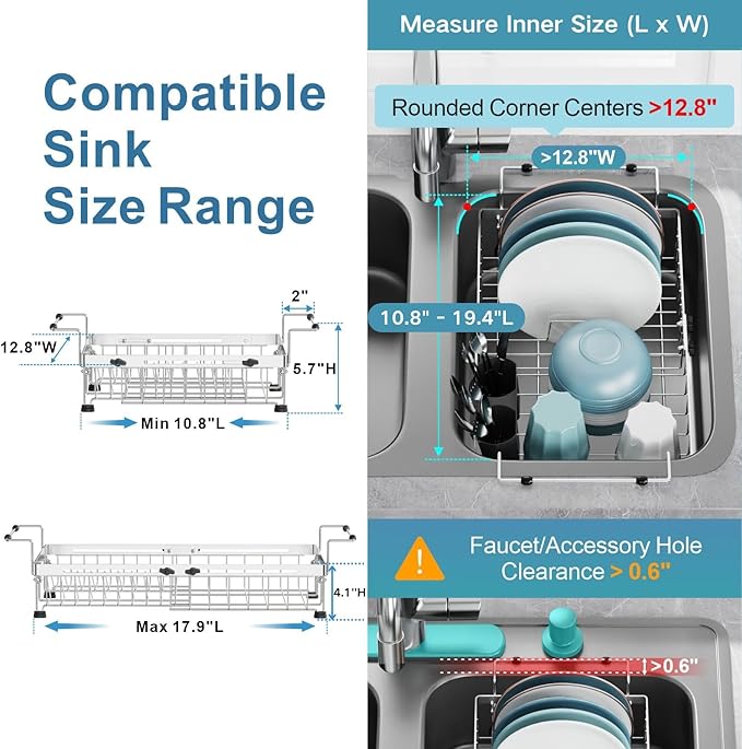 GSlife Expandable Over The Sink Dish Drying Rack - Stainless Steel Heavy Duty Dish Drainer with Square Corners, Rust Resistant with Lock Knob, Fit for Modern Single & Double Sinks, Black