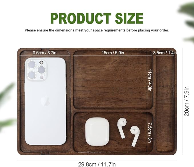 Multibey Walnut Wood Valet Tray - Wooden Nightstand Organizer for Men Women, 4 Slot Desk Drawer Organizer Tray, EDC Catch All Tray with Cable Slot for Phone Watch Wallet Key Jewelry
