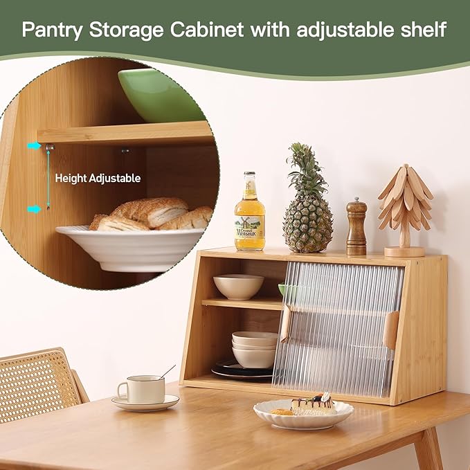 Wooden Countertop Storage, Small Bamboo Kitchen Pantry Sideboard with 2 Glass Sliding Door, Pantry Storage Cabinet for Kitchen, Living Room, Dinning Area and Bathroom, Wood