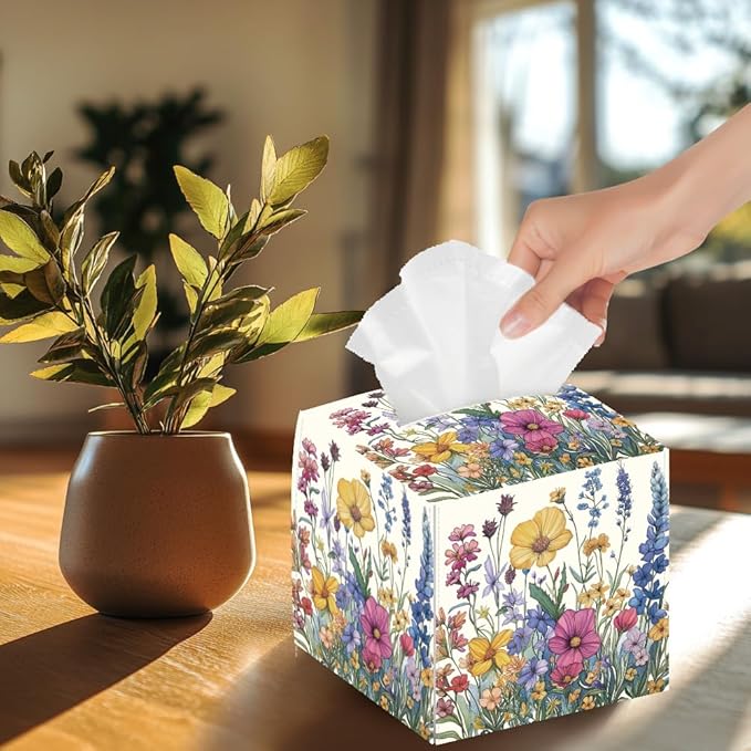 Wild Flowers Tissue Box Holder, Vintage Floral Square Tissue Box Cover Foldable Tissue Storage Box Waterproof Paper Towel Case Container Organizer Tissue Box Holder for Bedroom Office Car
