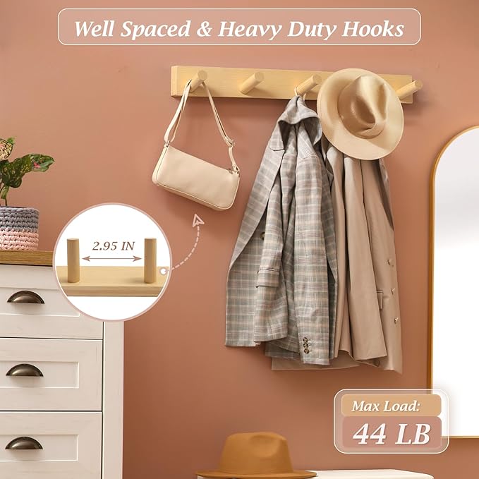 Coat Rack Wall Mount, Wooden Coat Hanger with 5 Hooks, Heavy Duty, Natural, 2 Pcs