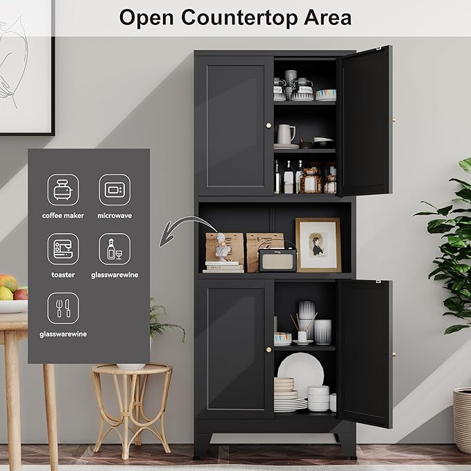 69" Tall Metal Pantry Cabinet with Microwave Shelf,Microwave Storage Cabinet with 4 Doors & 3 Adjustable Shelves,Metal Cabinet with Storage for Kitchen Dining Room Living Room(1PC,Black)