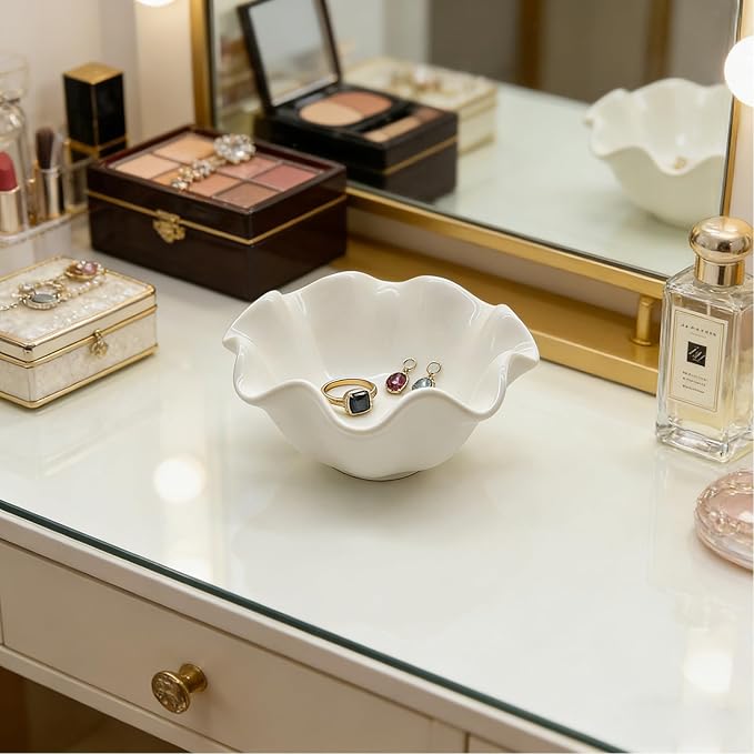 Flower Ring Dish Jewelry Tray, Cute Ceramic Jewelry Dish Tray, Room Decor Small Trinket Dish, Nightstand Ring Holder Dish, Bathroom Jewlery Plate Bowl for Earrings, Birthday Gifts for Women