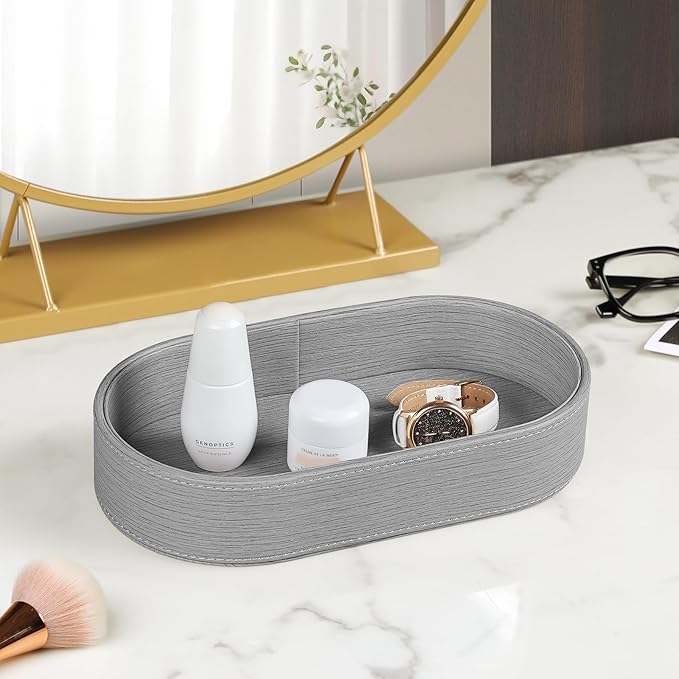 Oval Desk Valet Tray, PU Leather Perfume Dish Bowl for Keys Wallet Watch, Decorative Trinket Vanity Jewelry Tray, Entryway Nightstand Organizer Women Men (Grey)
