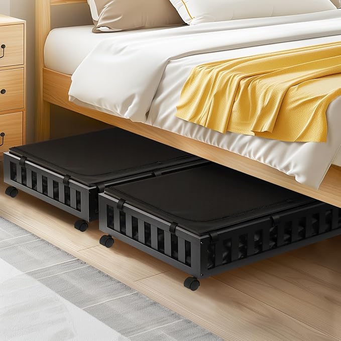 2 Pack Bamboo Under Bed Storage with Wheels, 39âx20âx7.8â Lager Under Bed Storage Containers (Black)