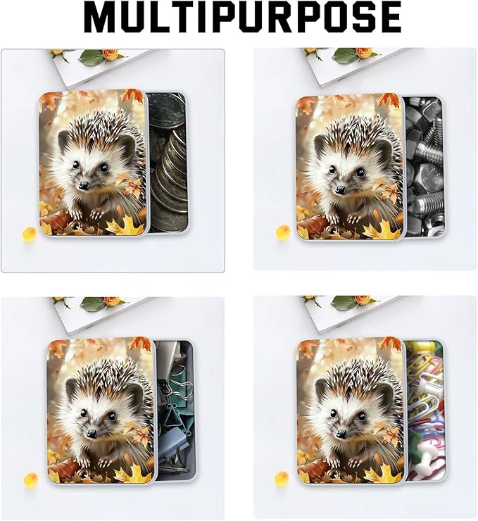 Metal Tin Box with Lid,Multi-functional Storage Large Box Can Store Tea Biscuits Game Cards, Playing & Tarot Cards-Comes with 4 Magnetic Cord Clips,Hedgehog in Autumn Leaves