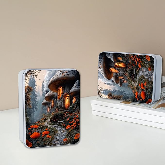 Metal Tin Box with Lid,Multi-functional Storage Box Can Store Tea Biscuits Game Cards, Playing & Tarot Cards-Comes with 4 Magnetic Cord Clips,Mushroom Houses in Forest