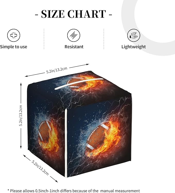American Football in Fire and Water Tissue Box Cover Leather Tissue Box Holder Square Facial Paper Organizer Dispenser for Bathroom Kitchen Bedroom Vanity Countertop Night Stands