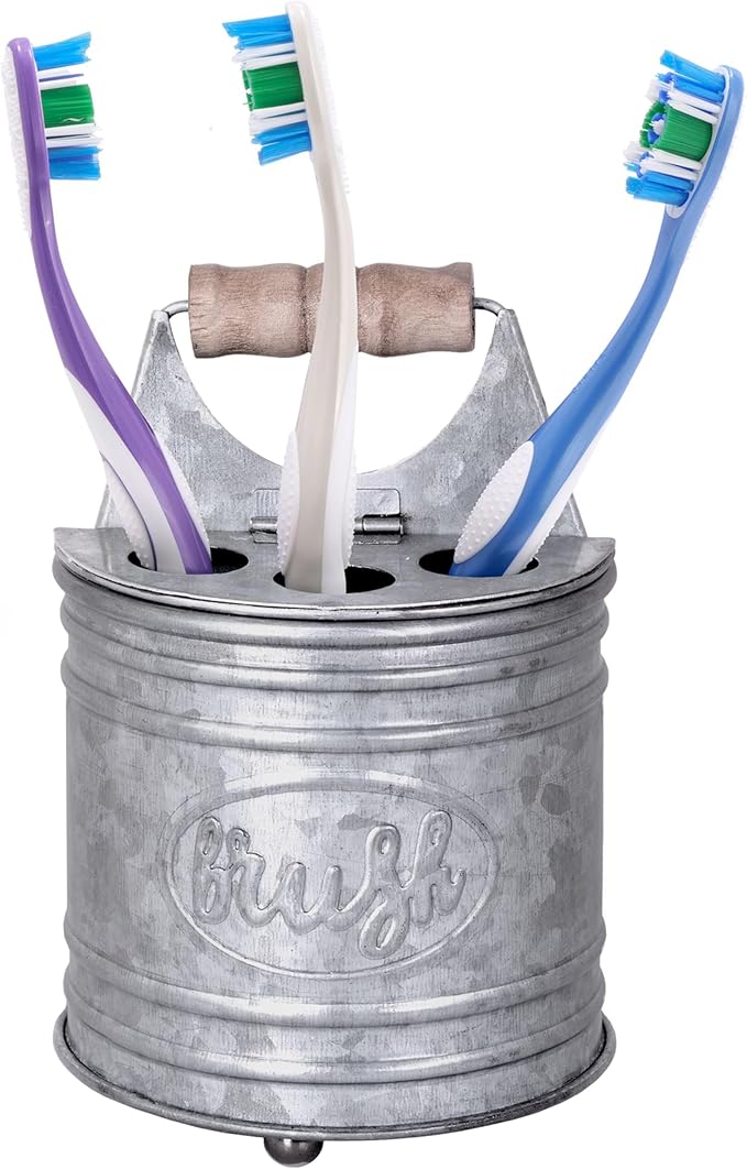 Autumn Alley Farmhouse Toothbrush Holders for Bathrooms - Rustic Galvanized Tooth Brush Holder - Farmhouse Bathroom Accessories Country Decor, Toothpaste & Electric Kids Toothbrush Compartment, Grey