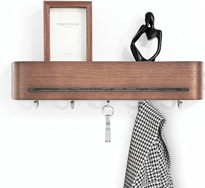Modern Key Holder Wall Mount with 5 Retractable Hidden Hooks,Heavy Duty Coat Rack Wall Mount,Finland-Designed Entryway Organizer,17 inch,for Entryway, Living Room, Kitchen, Hallway,Oak,Walnut Finish
