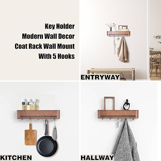 Modern Key Holder Wall Mount with 5 Retractable Hidden Hooks,Heavy Duty Coat Rack Wall Mount,Finland-Designed Entryway Organizer,17 inch,for Entryway, Living Room, Kitchen, Hallway,Oak,Walnut Finish