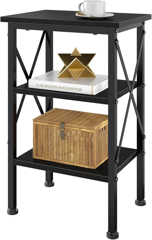 VECELO End Table, 24" Tall Living Room Side Tables, X-Design Reinforced Bedside Table, Nightstands with 3-Tier Storage Shelves for Small Spaces, Office, Bathroom, Bedroom, Classic Black, 1 Pack
