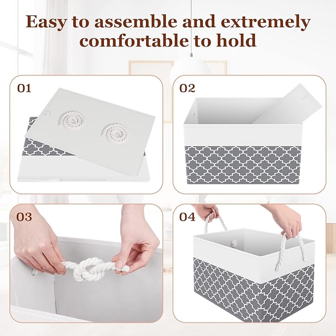 Storage Bin,Collapsible Storage Basket For Organizing,Large Storage Boxes With Rope Handles,Storage Containers,Clover Grey,3 Pack